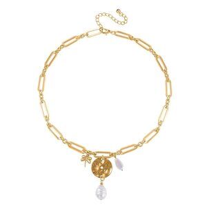 Simulated Pearl Necklace Paper Clip Chain Dragonfly Design in Goldtone